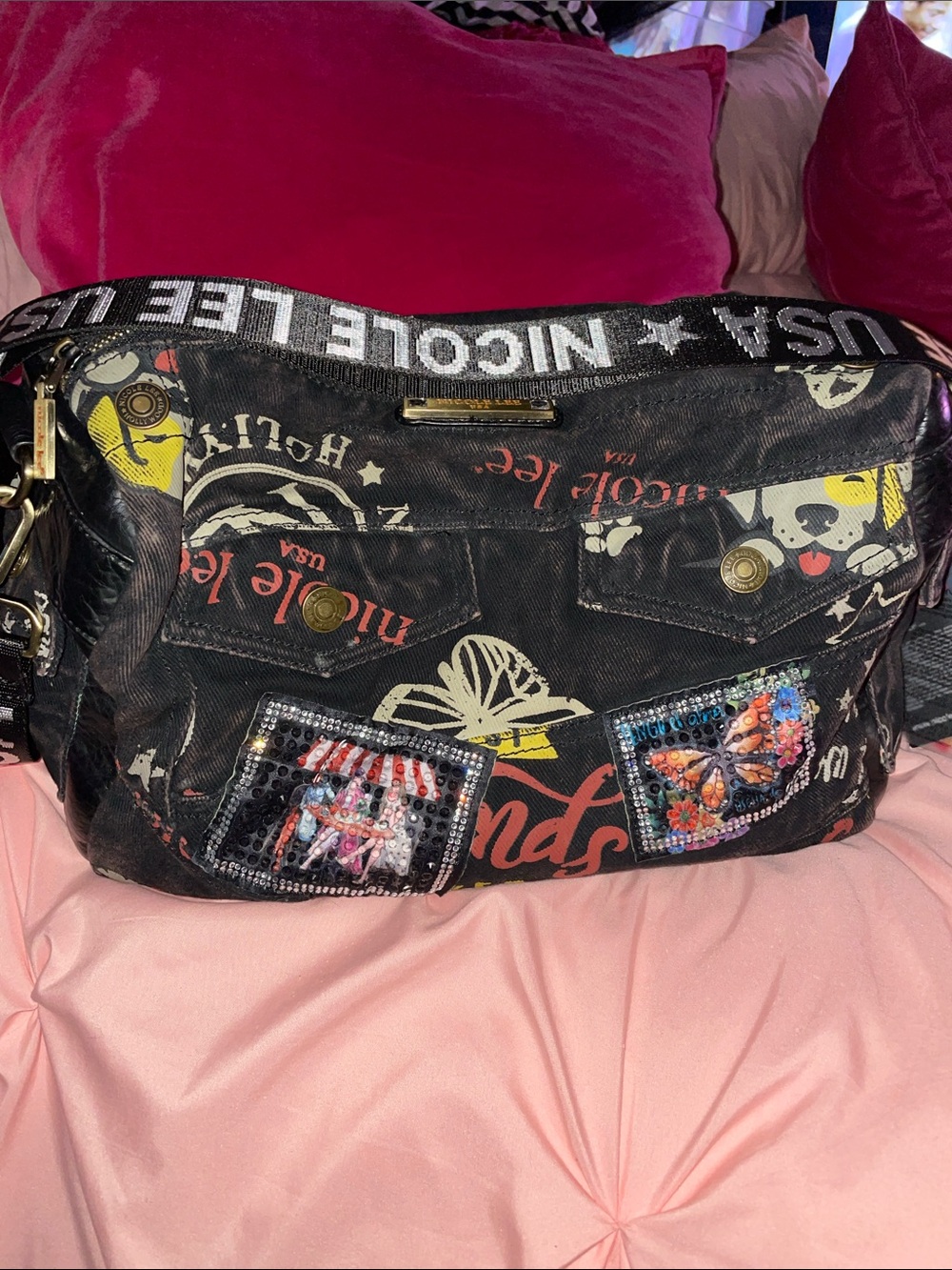 Nicole Lee Black Graphic Messenger Bag with Multicolor Accents